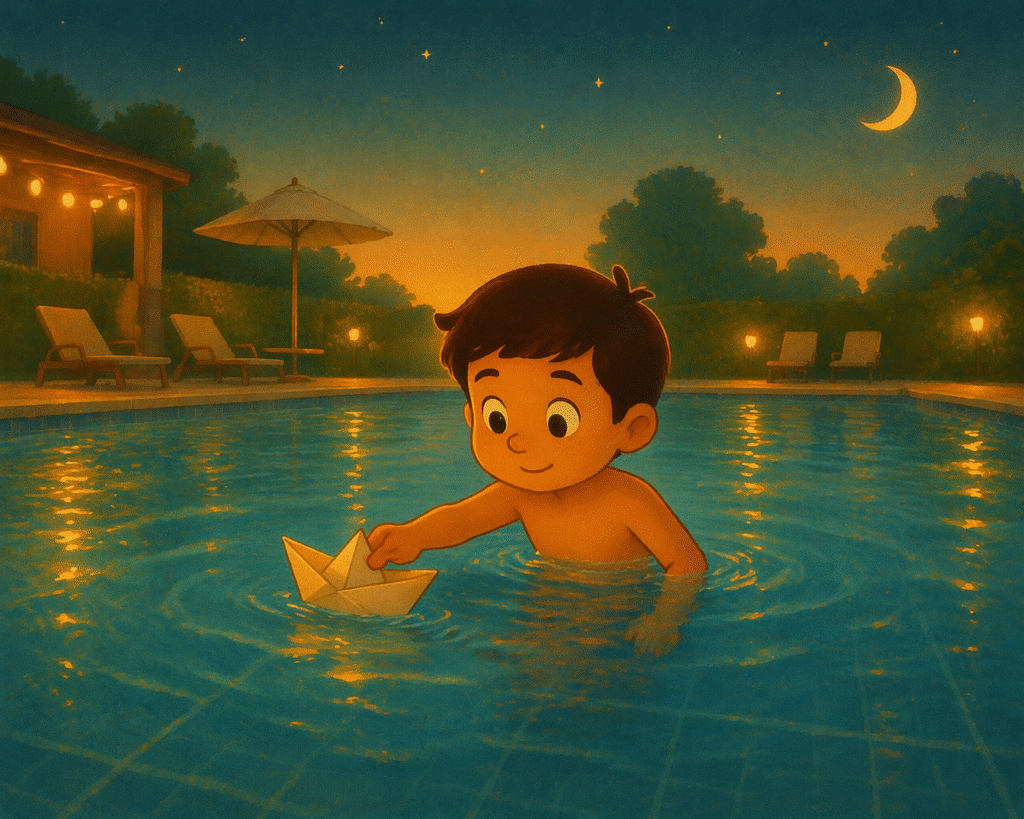 A piscina parecia muito grande. Grande mesmo. Chico parou na beira e olhou. A água brilhava. Bonita… mas dava um friozinho na barriga. Ele segurou a mão do pai. Apertou forte. — Pai… ela é funda? — Um pouquinho — disse o pai, sorrindo. — Mas eu estou com você. Chico olhou de novo. A água mexia devagar, como se chamasse baixinho. — Vem… — Eu acho que ela falou comigo — cochichou Chico. O pai sorriu, daquele jeito calmo. — Às vezes, a água conversa com a gente. Chico pensou um pouquinho… e levantou os braços. — Me pega? O pai pegou. Forte. Seguro. Devagar, entrou na piscina com Chico no colo. A água encostou nos pés. Chico puxou as pernas rapidinho. — Ih! Geladinha! O pai riu baixinho. — Daqui a pouco ela fica quentinha. Aos poucos, a água subiu pelas pernas, pela barriga… até o peito. Chico encostou a cabeça no ombro do pai. Ficou quietinho. Sentiu. A água não era assustadora. Era macia. Era calma. Parecia um abraço. Chico abriu um olho. Depois o outro. — Pai… ela não mordeu. O pai riu. — Eu disse. Chico colocou a pontinha da mão na água. Depois a outra. Fez um movimento bem pequeno… plim. A água respondeu. Chico sorriu, bem devagar. — Oi, piscina… E, naquele dia, a piscina deixou de ser grande demais… e começou a ser um lugar possível.